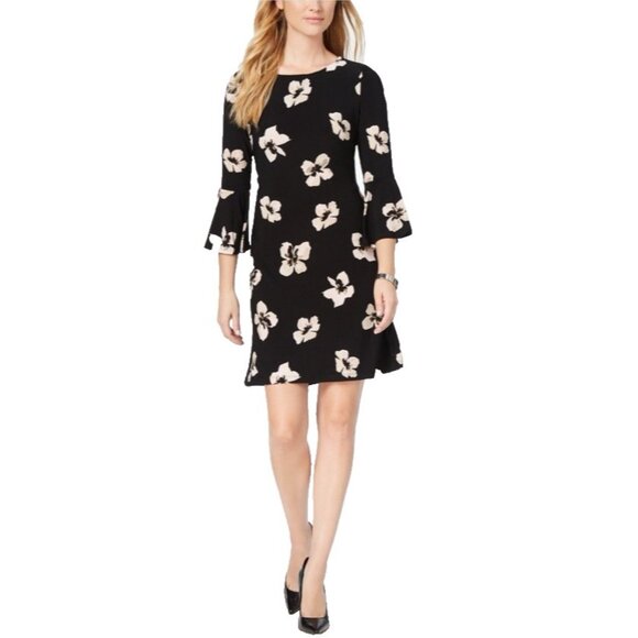 Tommy Hilfiger Dress 10 Black Pink Gray Floral Stretch 3/4 Long Sleeve NEW - Picture 1 of 10